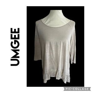 Umgee Light Gray Scoop Neck 3/4in Sleeve Partial Lace Bottom High/Low  Blouse Si